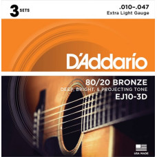 EJ10-3D Bronze 80/20 Струны для акустической гитары, бронза, 10-47, 3 комплекта, D'Addario