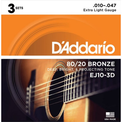 EJ10-3D Bronze 80/20 Струны для акустической гитары, бронза, 10-47, 3 комплекта, D'Addario