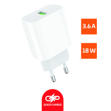 00-00022767 Сетевое зарядное устройство GPQC07 1USB 18W QC3.0, белый, GoPower
