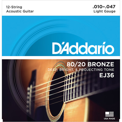 EJ36 BRONZE 80/20 Струны для акустической 12-струнной гитары бронза Light 10-47 D`Addario