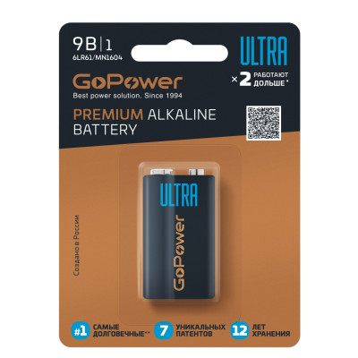 00-00026400 Ultra Элемент питания Крона 6LR61 Alkaline 9В, GoPower