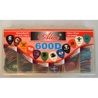 AP-600D Коробка медиаторов 600шт, 6 толщин, рисунок "Rock", Alice