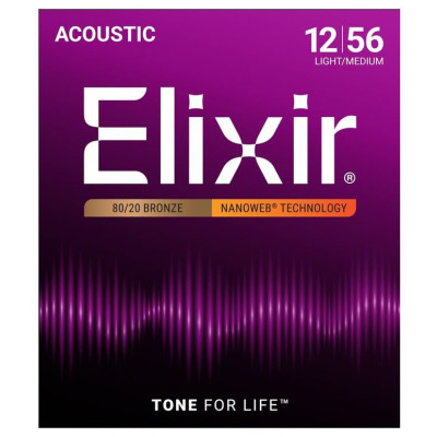 11077 NANOWEB Комплект струн для акустической гитары, Light-Medium, бронза 80/20, 12-56, Elixir