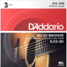 EJ12-3D Bronze 80/20 Струны для акустической гитары, бронза, 13-56, 3 комплекта, D'Addario