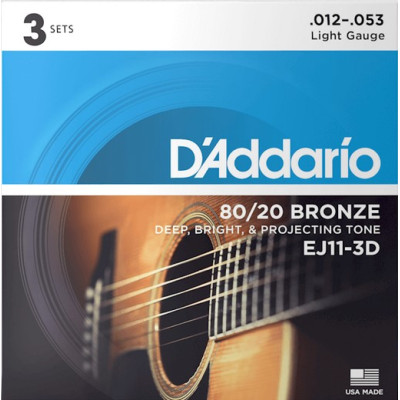 EJ11-3D Bronze 80/20 Струны для акустической гитары, бронза, 12-53, 3 комплекта, D'Addario