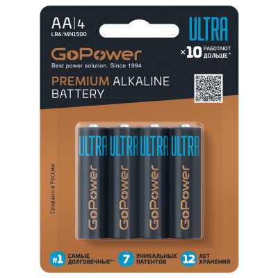 00-00026394 Ultra Элемент питания LR6 AA Alkaline 1.5В, 4шт, GoPower